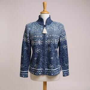 VTG Holiday Sweater Md Tiara International Ramie Beaded Blue Snowflake Fair Isle